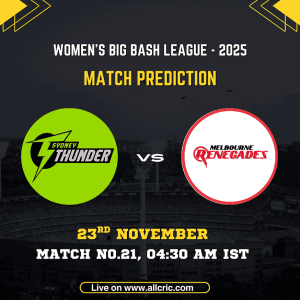 ST-W vs MR-W match prediction graphic for Women’s Big Bash League 2025 showing Sydney Thunder Women and Melbourne Renegades Women logos, match date 23rd November, Match No.21 at 04:30 AM IST, with stadium background. Perfect for st w vs mr w dream11 prediction, st w vs mr w today match prediction, and st w vs mr w win prediction content."