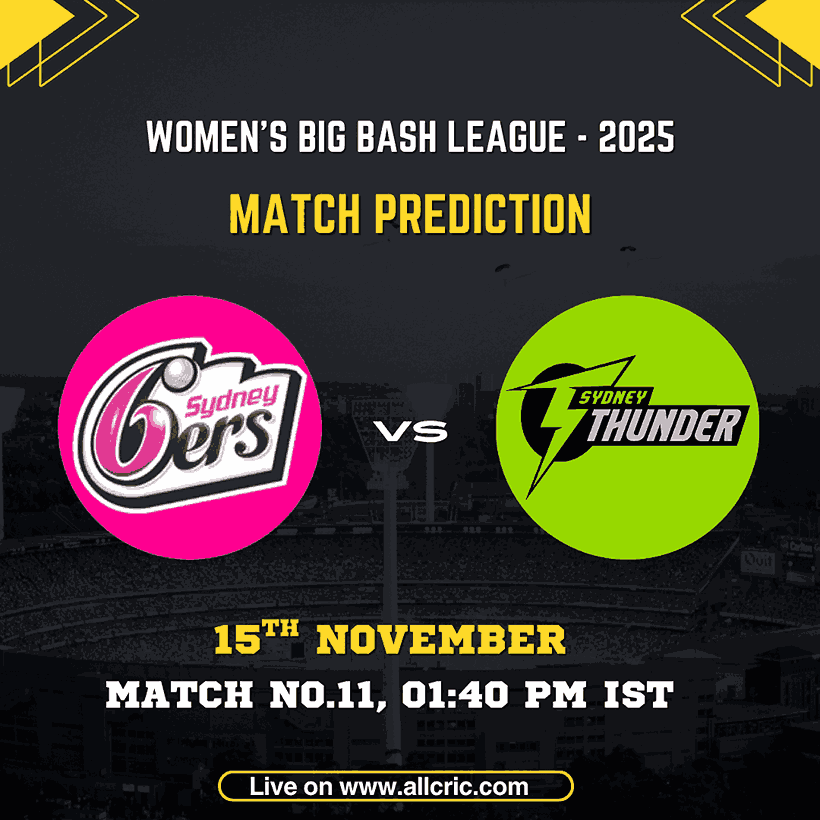 ST W vs SS W Dream11 prediction graphic for WBBL 2025 Match 11 showing Sydney Sixers Women vs Sydney Thunder Women, match date, time, and prediction details in a modern sports design