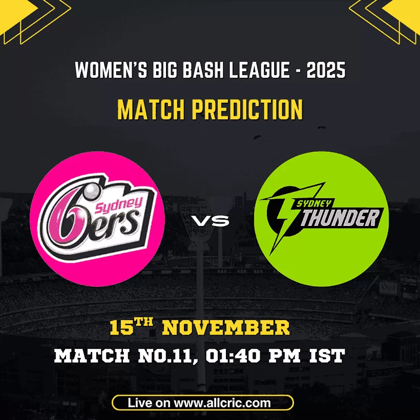 ST W vs SS W Dream11 prediction graphic for WBBL 2025 Match 11 showing Sydney Sixers Women vs Sydney Thunder Women, match date, time, and prediction details in a modern sports design