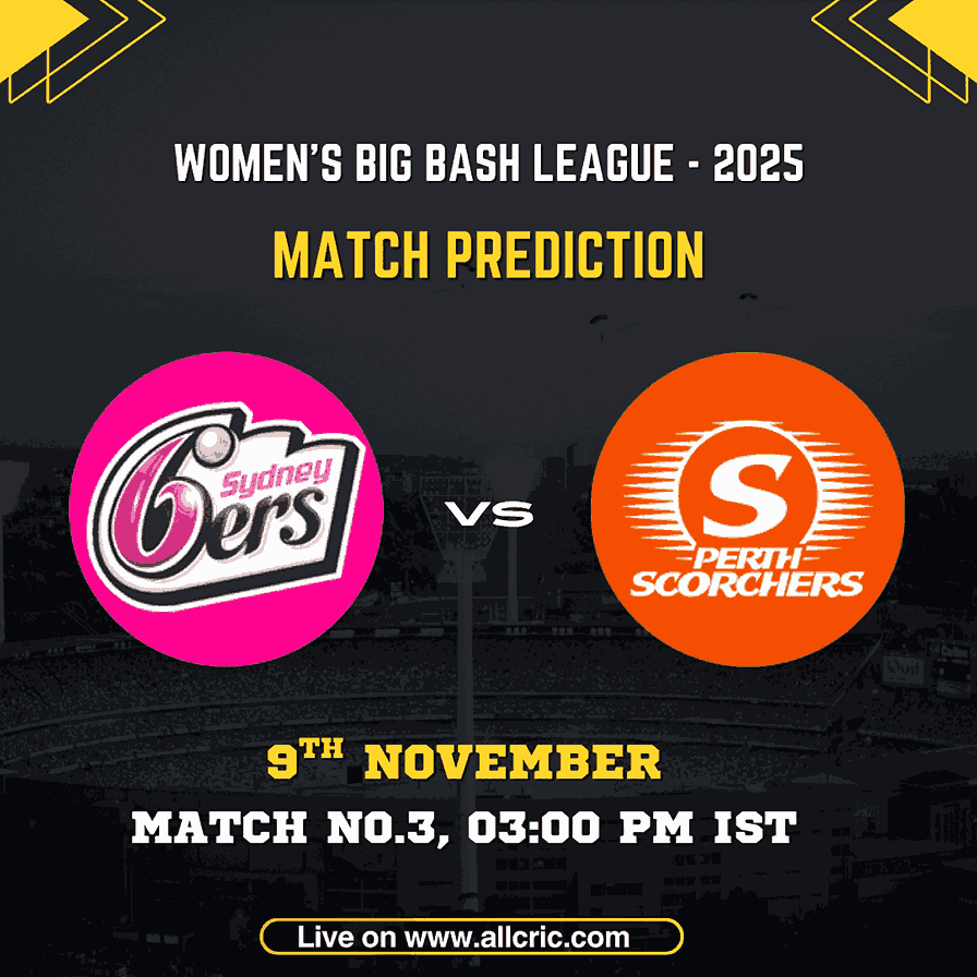 Perth Scorchers Women vs Sydney Sixers Women WBBL 2025 Match 3 promotional graphic featuring team logos, match date, and time — ideal for PS W vs SS W today match prediction, PS W vs SS W Dream11 team today, and fantasy cricket updates.