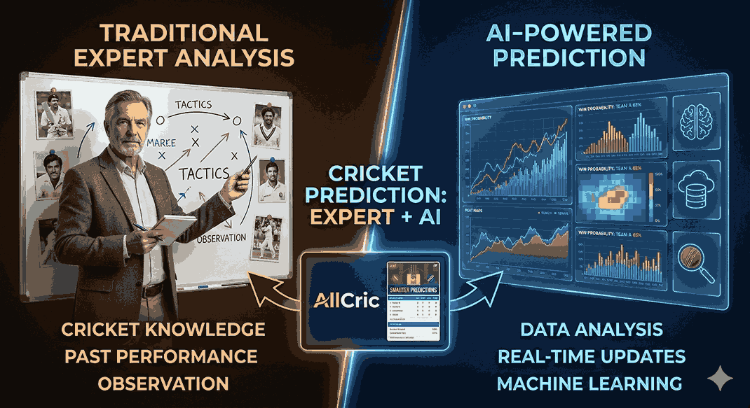 Visual comparison of traditional expert analysis and AI in cricket prediction, showing cricket match prediction enhanced by machine learning, real-time data analysis, and win probability cricket insights.