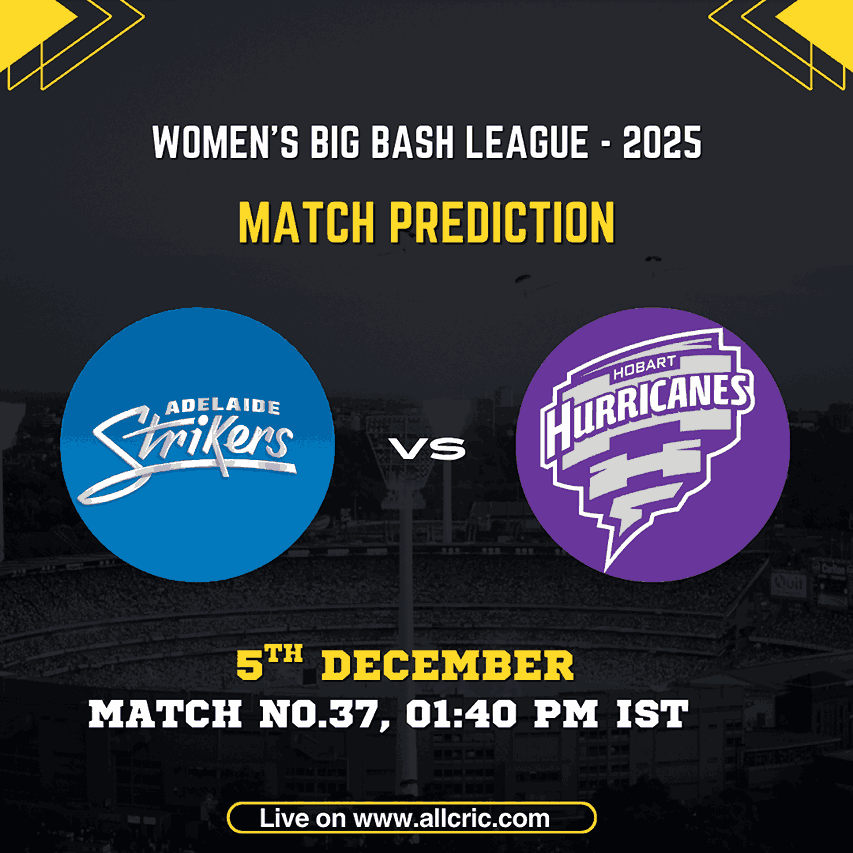 “AS-W vs HH-W Match Prediction graphic for WBBL 2025 featuring Adelaide Strikers Women and Hobart Hurricanes Women logos, match date 5th December, Match No.37 at 01:40 PM IST — ideal for as w vs hh w today match prediction, Dream11 prediction, and win prediction content
