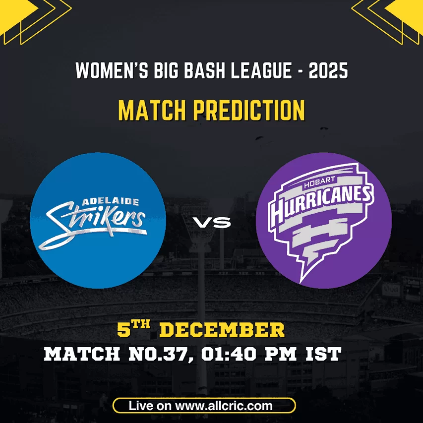 “AS-W vs HH-W Match Prediction graphic for WBBL 2025 featuring Adelaide Strikers Women and Hobart Hurricanes Women logos, match date 5th December, Match No.37 at 01:40 PM IST — ideal for as w vs hh w today match prediction, Dream11 prediction, and win prediction content