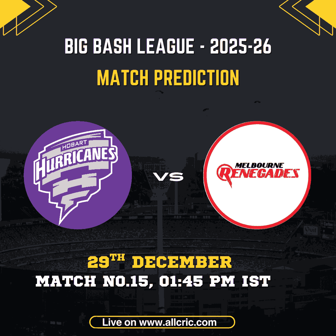 HUR vs REN match prediction graphic for Big Bash League 2025-26 Match 15 at Bellerive Oval, Hobart, featuring Hobart Hurricanes vs Melbourne Renegades logos, match date 29th December, toss insight, and HUR vs REN Dream11 prediction.