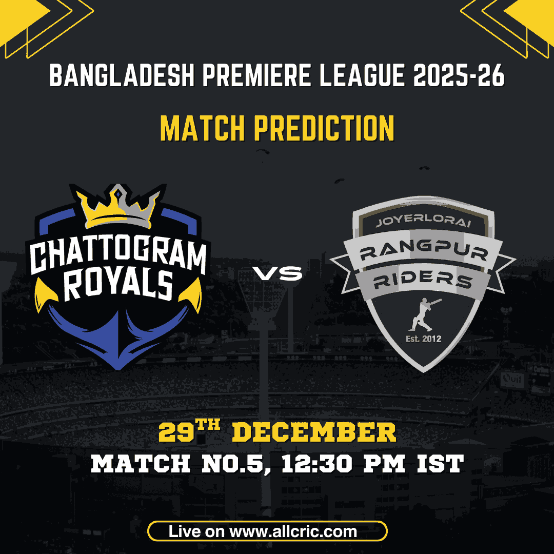 Rangpur Riders vs Chattogram Royals BPL Match Prediction graphic for Bangladesh Premier League 2025-26 Match 5 at Sylhet International Cricket Stadium, featuring team logos, match date 29th December, toss and fantasy prediction insight.