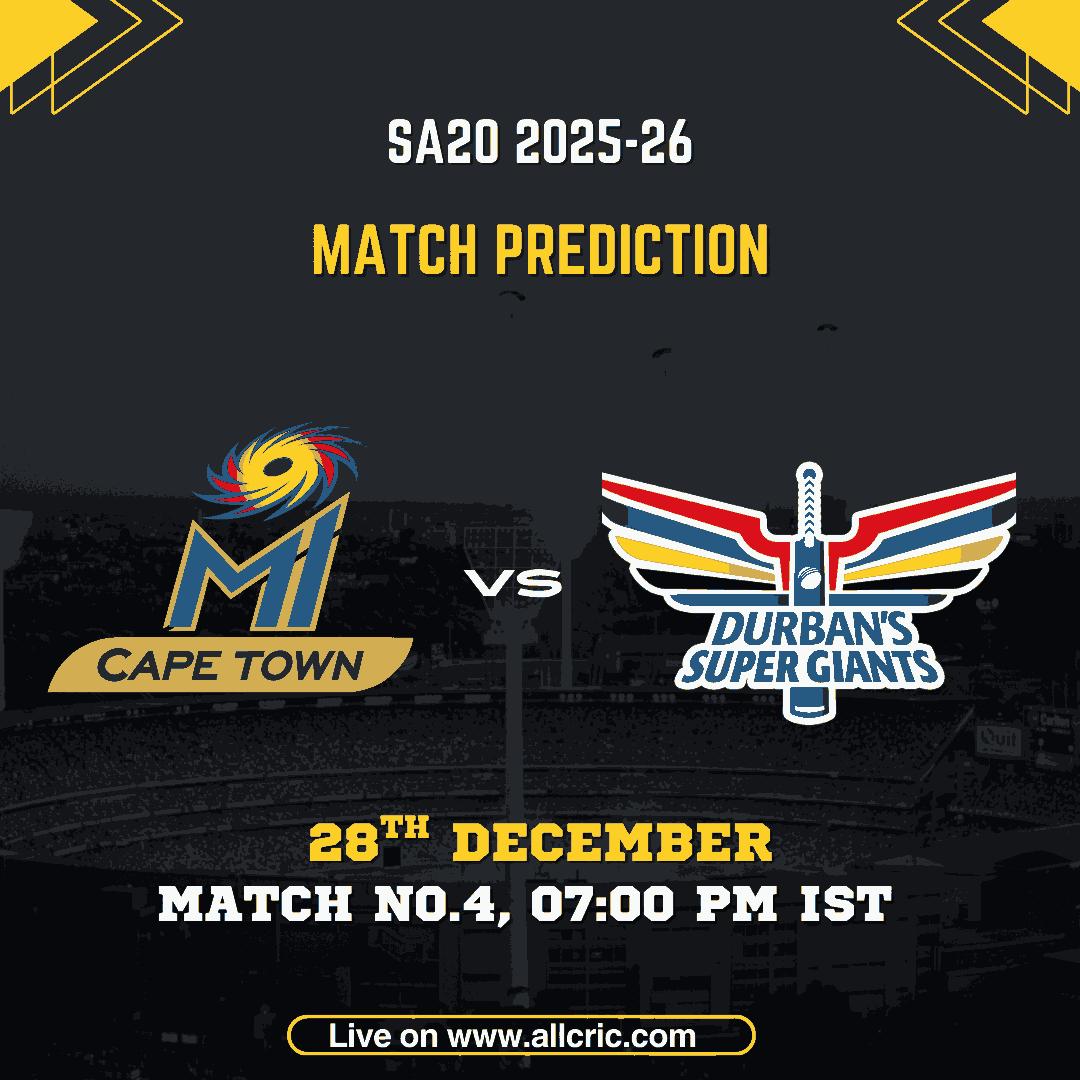 Durban Super Giants vs MI Cape Town match prediction for SA20 2025-26 Match 4 at Kingsmead, featuring team logos, match date 28th December, time 7:00 PM IST, and Dream11 prediction today match