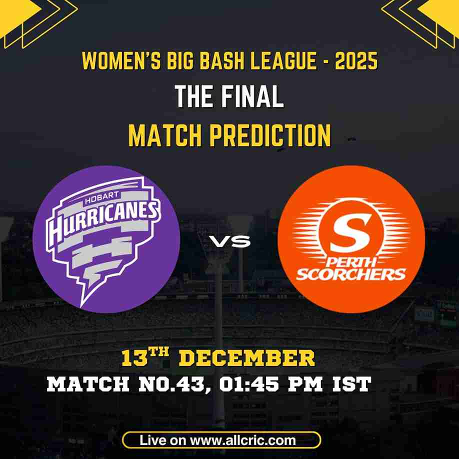 HH-W vs PS-W WBBL Final 2025 poster showing Hobart Hurricanes Women vs Perth Scorchers Women with match date and timing – HH-W vs PS-W Dream11 prediction, today match prediction, match analysis, and win prediction.