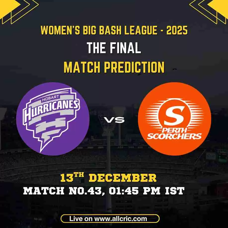 HH-W vs PS-W WBBL Final 2025 poster showing Hobart Hurricanes Women vs Perth Scorchers Women with match date and timing – HH-W vs PS-W Dream11 prediction, today match prediction, match analysis, and win prediction.