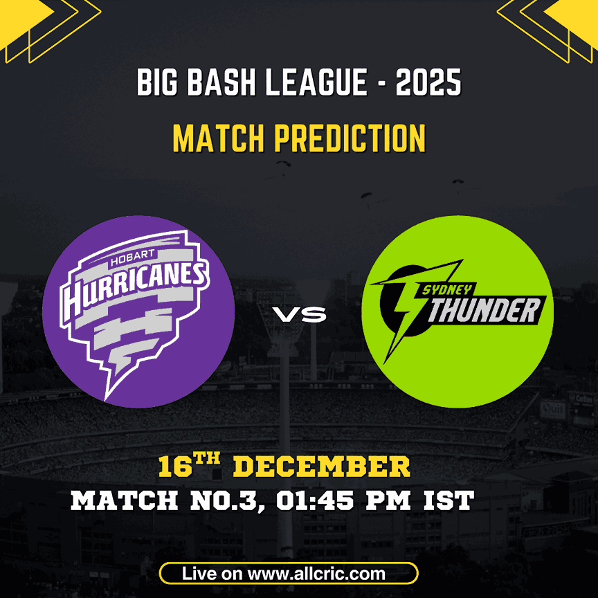 HH vs ST Dream11 prediction and HH vs ST today match prediction for BBL 2025 Match 3 – Hobart Hurricanes vs Sydney Thunder at Bellerive Oval on 16 December