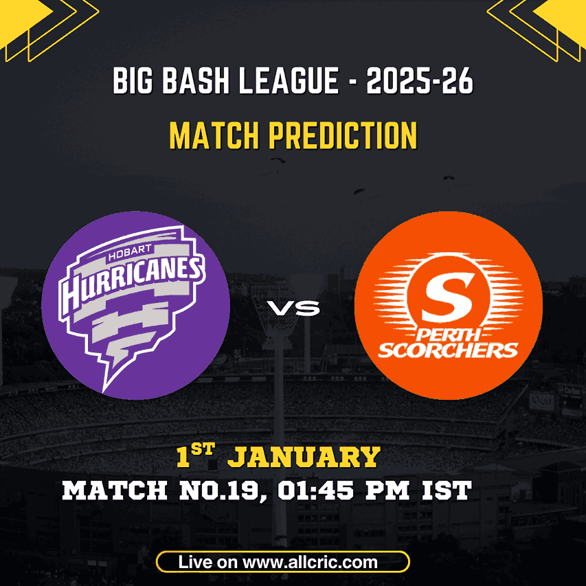 Hobart Hurricanes vs Perth Scorchers match prediction graphic for BBL 2025-26 Match 19 at Bellerive Oval, featuring HUR vs SCO Dream11 prediction, HUR vs SCO match prediction, and today’s probable teams