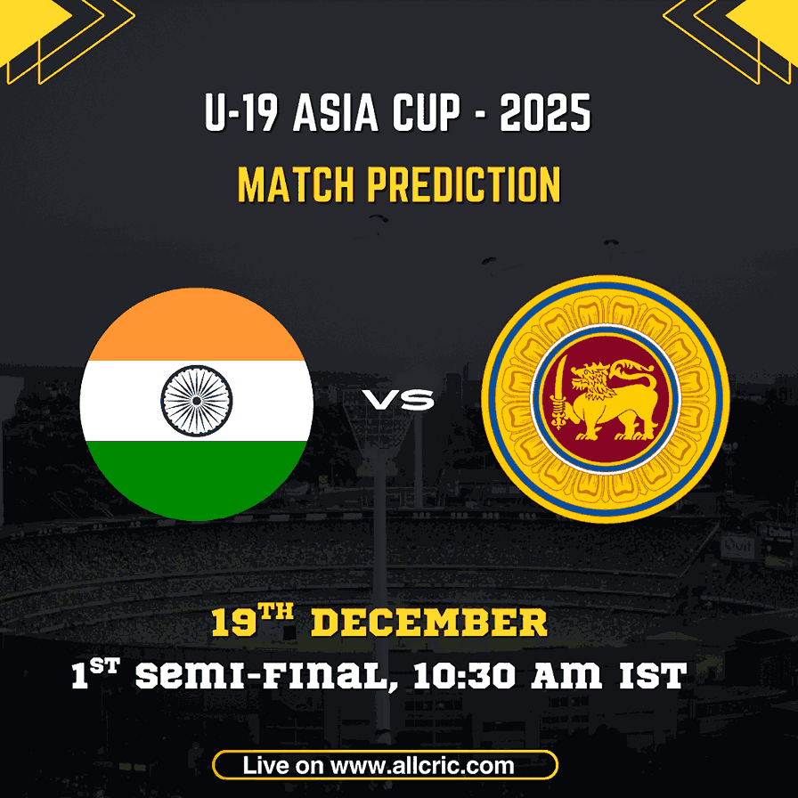 Ind U19 vs SL U19 Dream11 prediction today match graphic showing India U-19 vs Sri Lanka U-19 in the U-19 Asia Cup 2025 1st Semi-Final, scheduled on 19th December at ICC Academy, Dubai, highlighting Ind U19 vs SL U19 match prediction, team preview, and win probability.