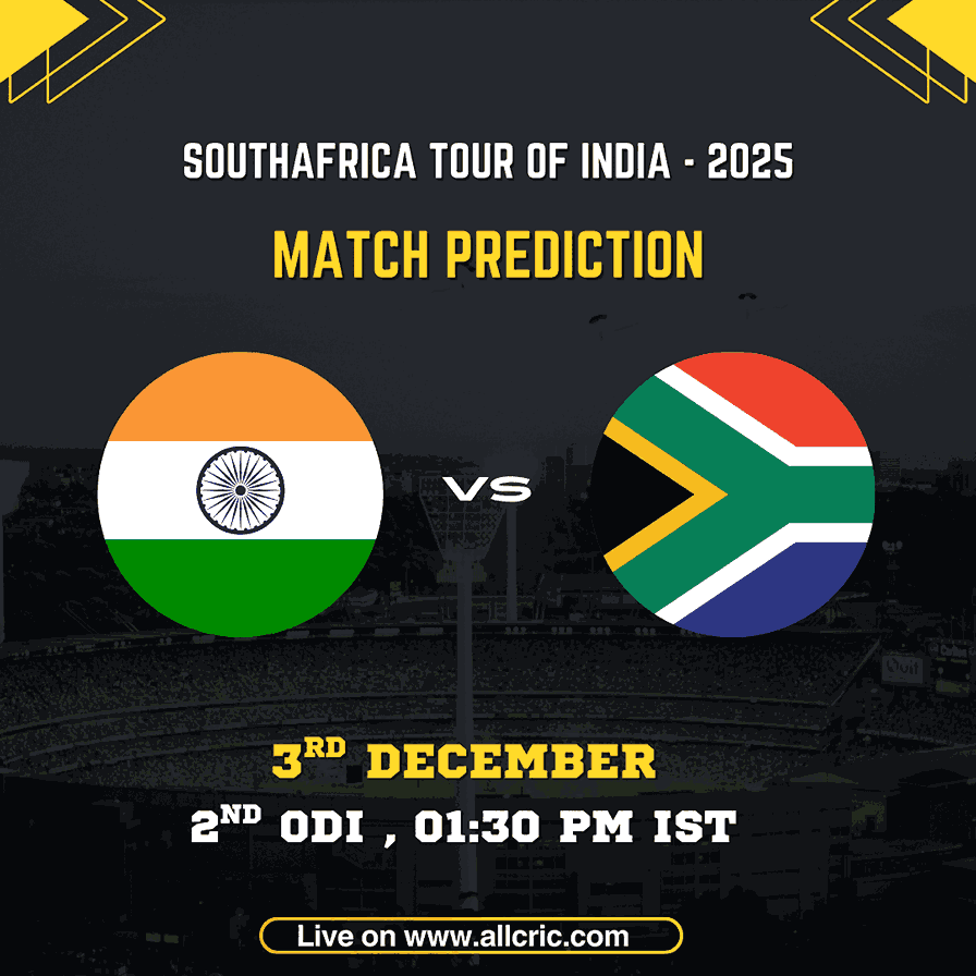 IND vs SA 2nd ODI 2025 match graphic showing India vs South Africa with match date, time, and venue — ideal for ind vs sa today match prediction, ind vs sa dream11 prediction today match, ind vs sa odi prediction, and full ind vs sa match prediction analysis.