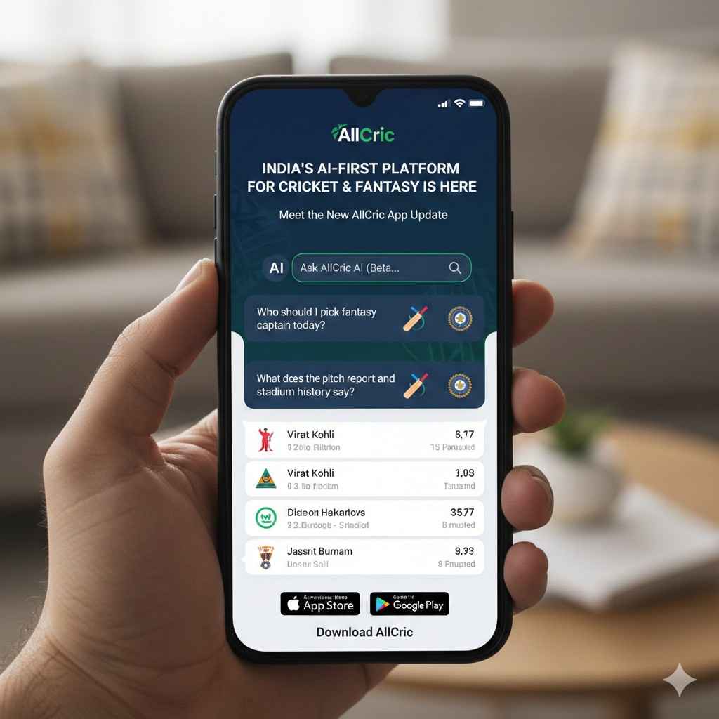 A hand holding a smartphone displaying the AllCric app interface, showcasing India’s AI-first platform for cricket and fantasy predictions with the Ask AllCric AI (Beta) feature.