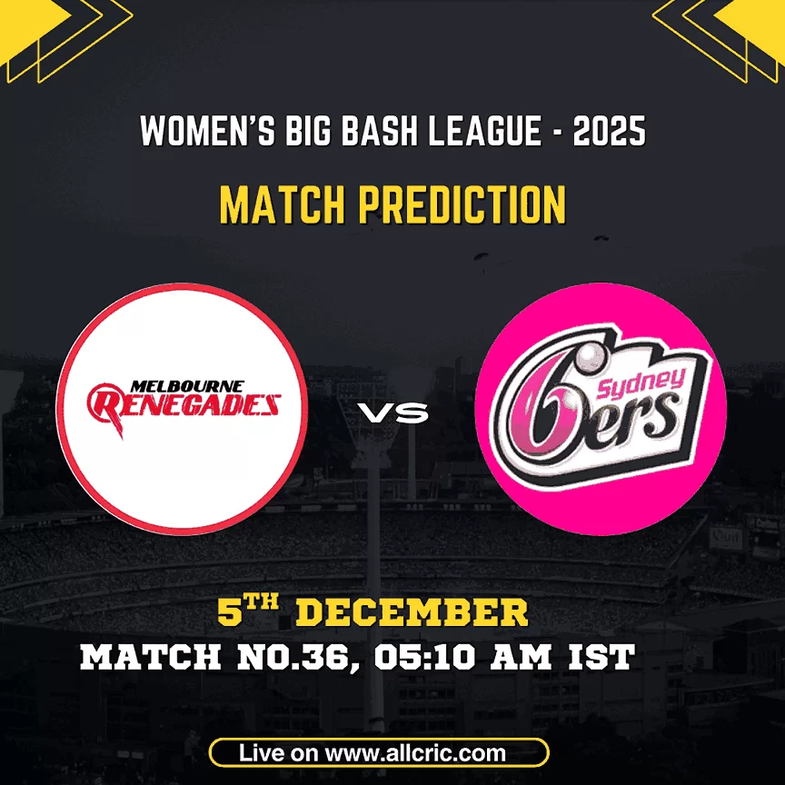 MR-W vs SS-W match prediction graphic for WBBL 2025 featuring Melbourne Renegades Women vs Sydney Sixers Women, 5th December, Match 36 at 5:10 AM IST — ideal for mr w vs ss w dream11 prediction, mr w vs ss w today match prediction, and WBBL fantasy analysis.