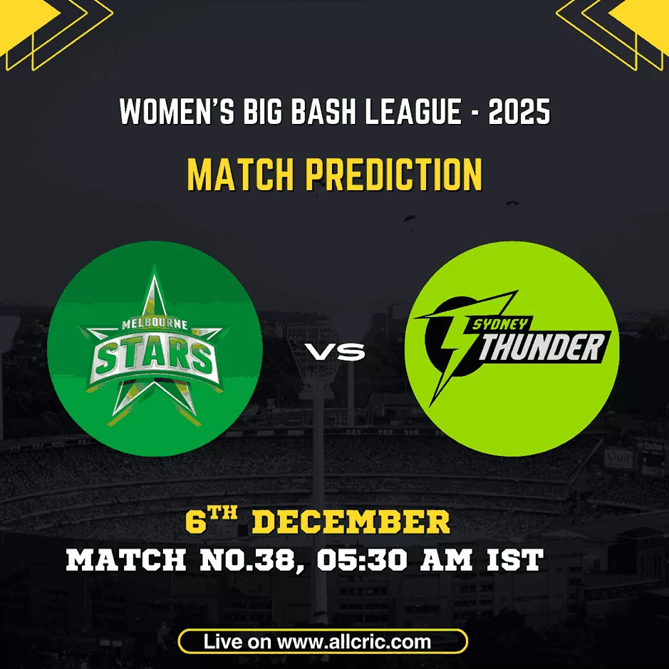 MS-W vs ST-W Match Prediction graphic for WBBL 2025 showing Melbourne Stars Women vs Sydney Thunder Women with match date 6th December and timing 05:30 AM IST. Perfect for ms w vs st w dream11 prediction, ms w vs st w today match prediction, and ms w vs st w win prediction content.