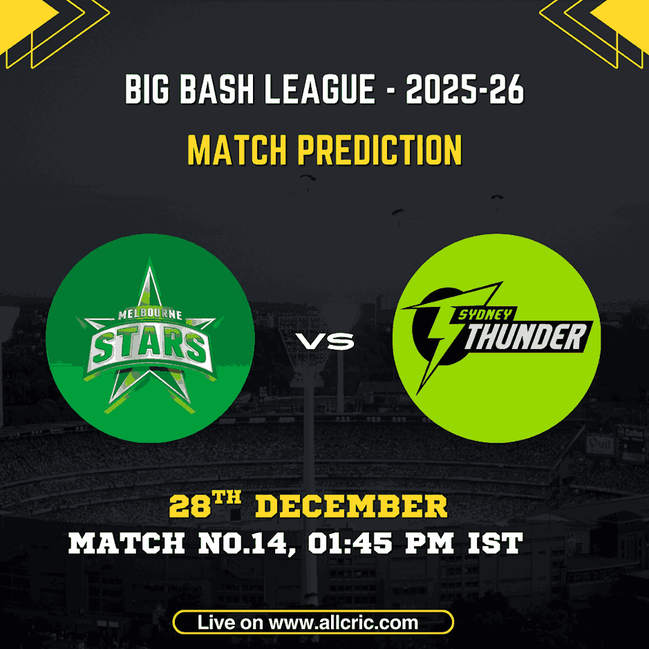 Melbourne Stars vs Sydney Thunder today match prediction for BBL Match 14, featuring Dream11 prediction, probable playing XI, fantasy team tips, pitch report, and match details for Melbourne Stars vs Sydney Thunder at Manuka Oval, Canberra.