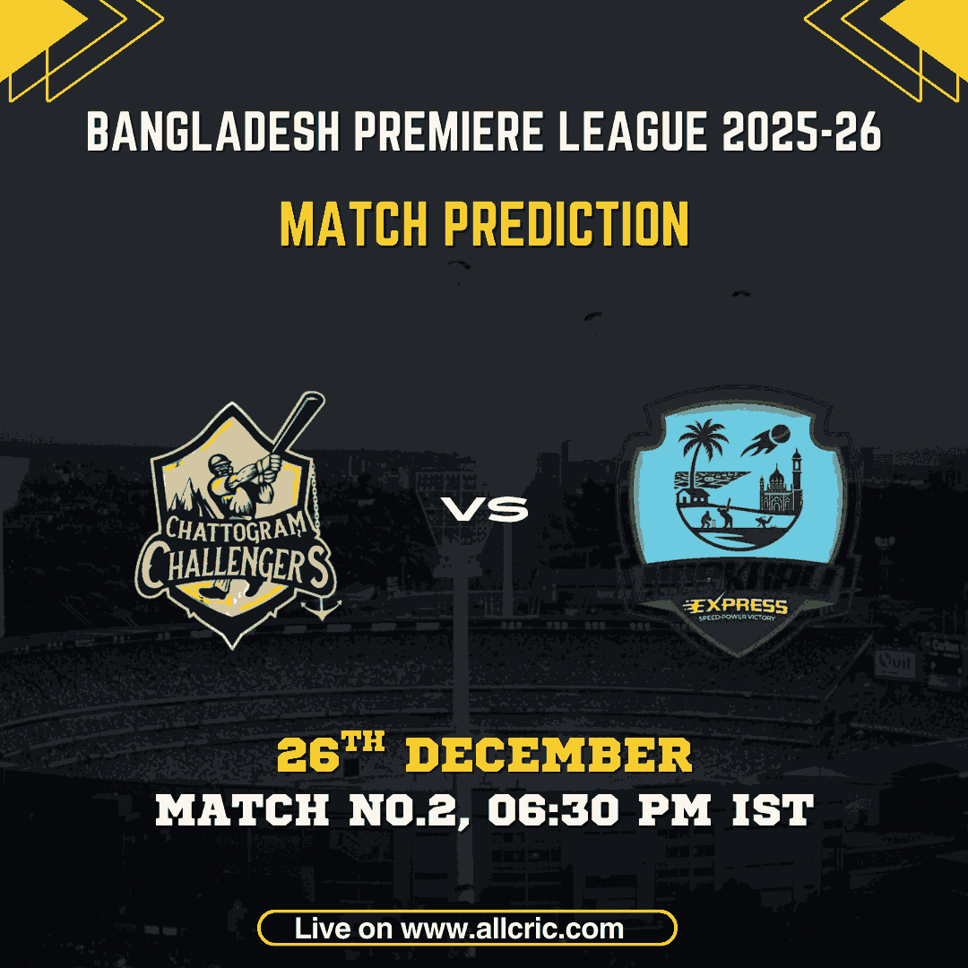 NES vs CRS today match prediction for BPL Match 2 2025-26 showing Chattogram Royals vs Noakhali Express match preview, date 26 December, time 6:30 PM IST at Sylhet International Cricket Stadium.