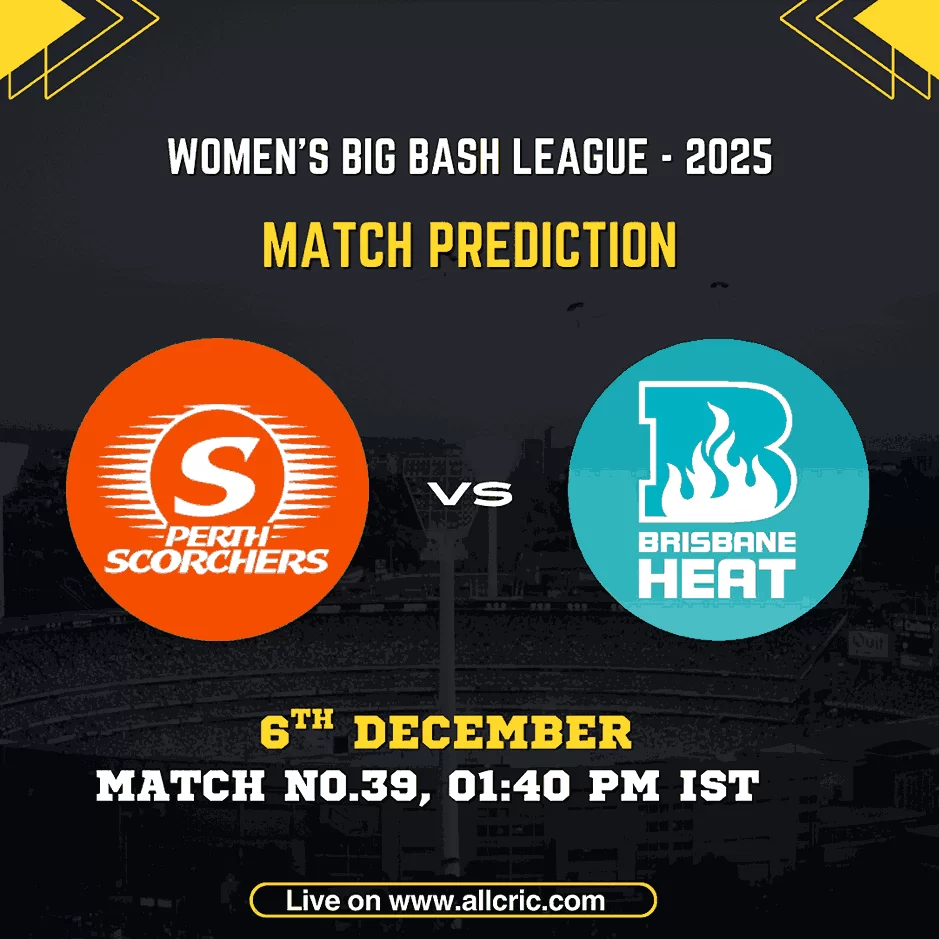 PS-W vs BH-W Match Prediction graphic for WBBL 2025 featuring Perth Scorchers Women and Brisbane Heat Women with team logos, match date 6th December, timing 01:40 PM IST, and AllCric branding — perfect for ps w vs bh w dream11 prediction, ps w vs bh w prediction, ps w vs bh w today match prediction, and win prediction insights