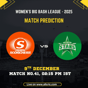 PS-W vs MS-W Match Prediction 2025 graphic showing Perth Scorchers Women vs Melbourne Stars Women for WBBL Match 41 on 9th December at 02:15 PM IST, used for ps w vs ms w dream11 prediction, ps w vs ms w today match prediction, ps w vs ms w match prediction, and ps w vs ms w win prediction.