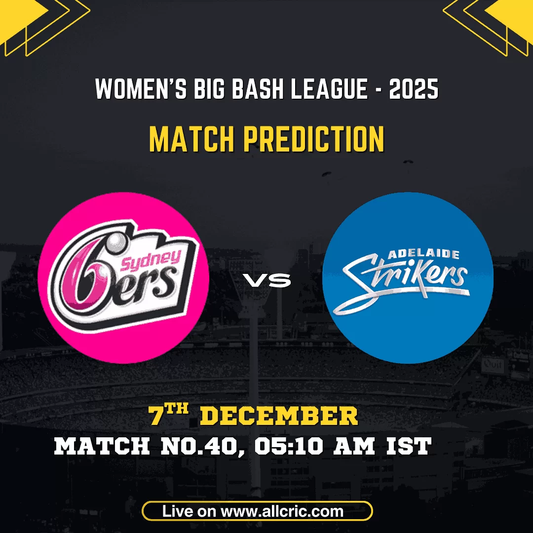 SS-W vs AS-W Dream11 Prediction for WBBL 2025 Match 40 featuring Sydney Sixers Women vs Adelaide Strikers Women. Graphic shows team logos, match date 7th December, timing 05:10 AM IST, and match prediction banner for ss w vs as w today match prediction and ss w vs as w win prediction.