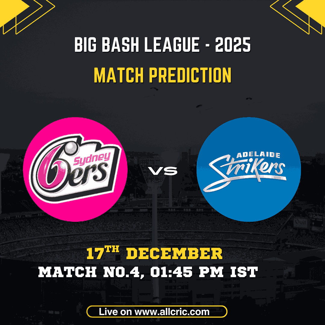 Informative cricket match preview graphic for Sydney Sixers vs. Adelaide Strikers, BBL Match 4, 2025. The image features logos of both teams, the match date (Wednesday, 17 December 2025), venue (SCG, Sydney), and key players like Babar Azam, Josh Philippe, and Matthew Short. It includes headings for 'Fantasy Tips' and 'Match Prediction' to assist Dream11 players
