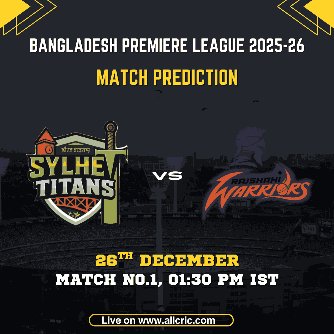 Sylhet Titans vs Rajshahi Warriors match prediction image for BPL 2025-26 Match 1, featuring SYT vs RJW Dream11 prediction, today match prediction, team prediction, date 26 December, and match details at Sylhet International Cricket Stadium.