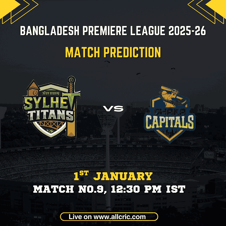 Sylhet Titans vs Dhaka Capitals match prediction graphic for BPL 2025-26 Match 9 at Sylhet International Cricket Stadium, highlighting SYT vs DHCP match prediction, SYT vs DHCP prediction, and Dream11 team today