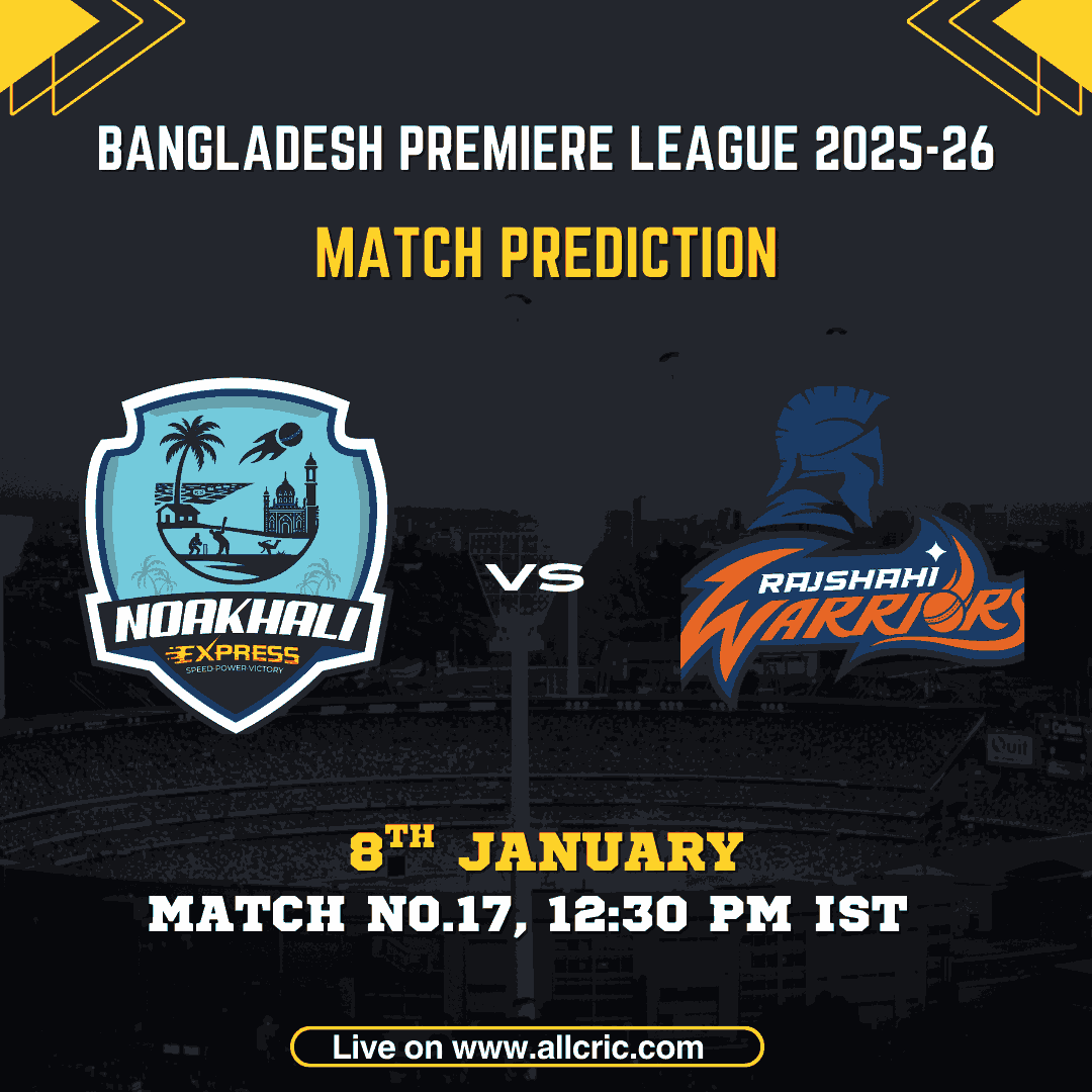 NOE vs RJW today match prediction for BPL 2025–26 Match 17 showing Noakhali Express vs Rajshahi Warriors at Sylhet International Cricket Stadium, including NOE vs RJW prediction, fantasy tips, pitch report, probable playing XI, and NOE vs RJW Dream11 team today