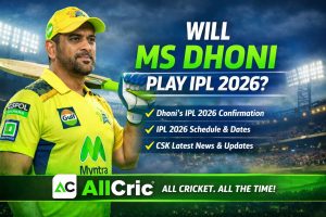 MS Dhoni IPL 2026 confirmation graphic with AllCric green banner, CSK legend holding bat at stadium