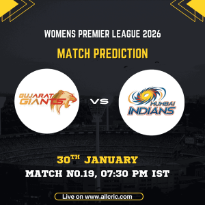 Gujarat Giants Women vs Mumbai Indians Women WPL 2026 Match 19 prediction graphic featuring team logos, match details for January 30th 2026 at 7:30 PM IST at Kotambi Stadium Vadodara, with Dream11 team analysis and today's match prediction