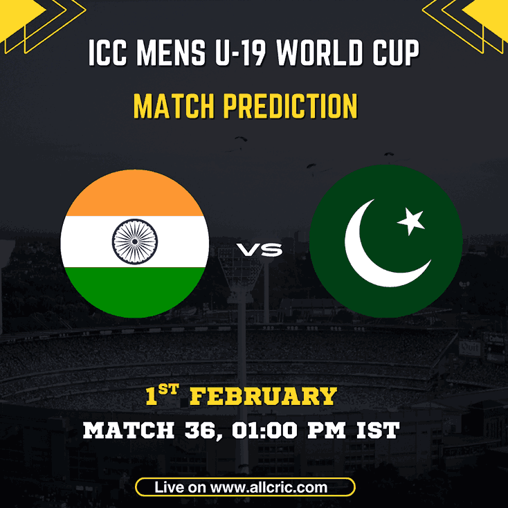 India U19 vs Pakistan U19 ICC Men's U-19 World Cup Match 36 prediction graphic featuring national flags, match details for February 1st 2026 at 1:00 PM IST at Queens Sports Club Bulawayo, with Dream11 team analysis and today's match prediction