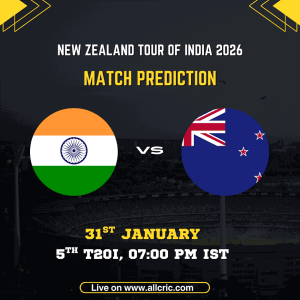 India vs New Zealand 5th T20I match prediction graphic featuring national flags, match details for January 31st 2026 at 7:00 PM IST at Greenfield International Stadium Thiruvananthapuram, with Dream11 team analysis and today's match prediction