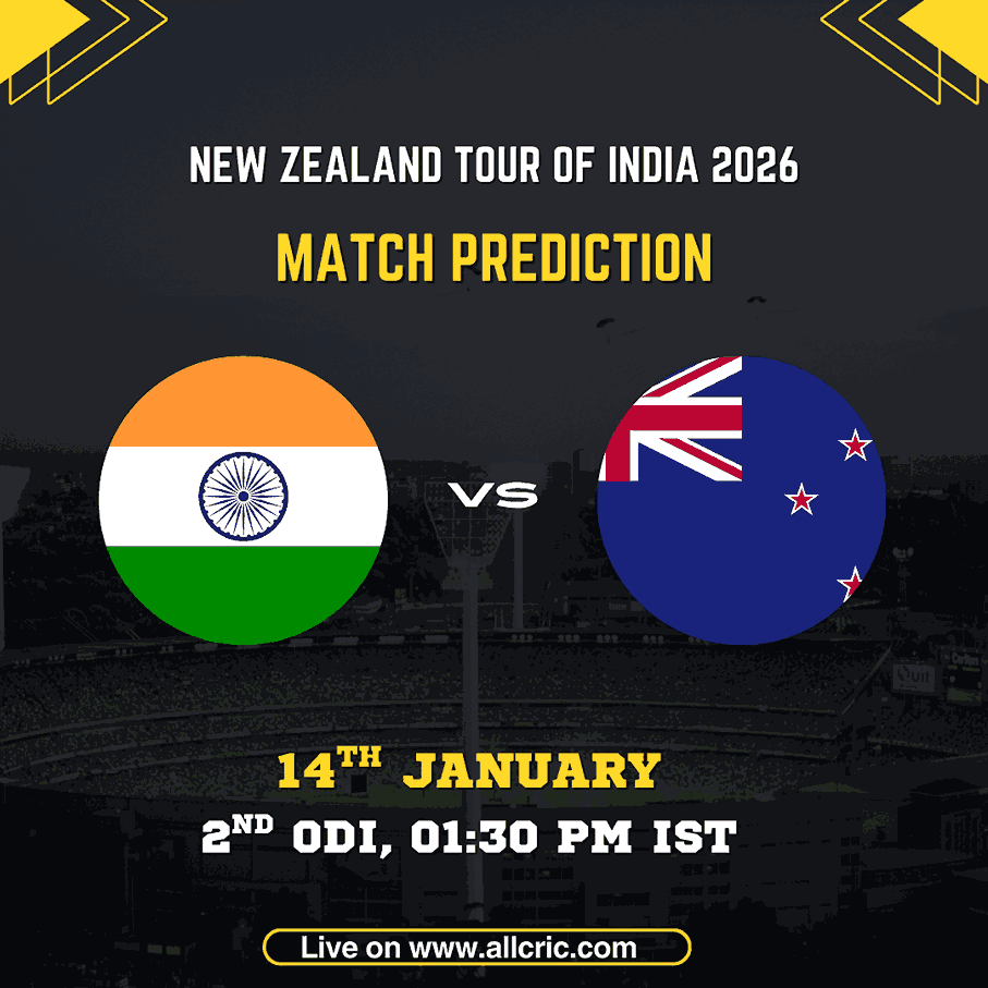 IND vs NZ today match prediction graphic for New Zealand tour of India 2026 2nd ODI showing India vs New Zealand flags with match details, venue, time and fantasy cricket insights.