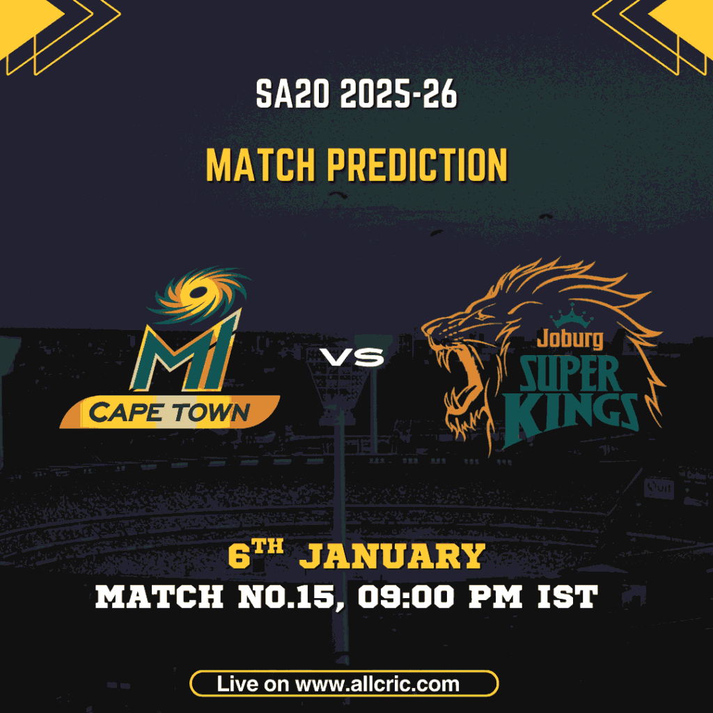 MICT vs JSK match prediction for SA20 2025-26 Match 15 showing MI Cape Town vs Joburg Super Kings logos, scheduled on 6th January at Newlands, Cape Town, with match timing 9:00 PM IST and Dream11 fantasy preview.