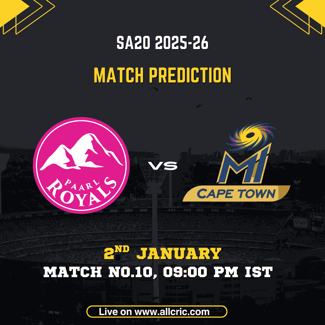 PR vs MICT match prediction for SA20 2025-26 Match 10 showing Paarl Royals vs MI Cape Town logos, date 2 January, Dream11 prediction, probable playing XI, pitch report and PR vs MICT dream11 team today.