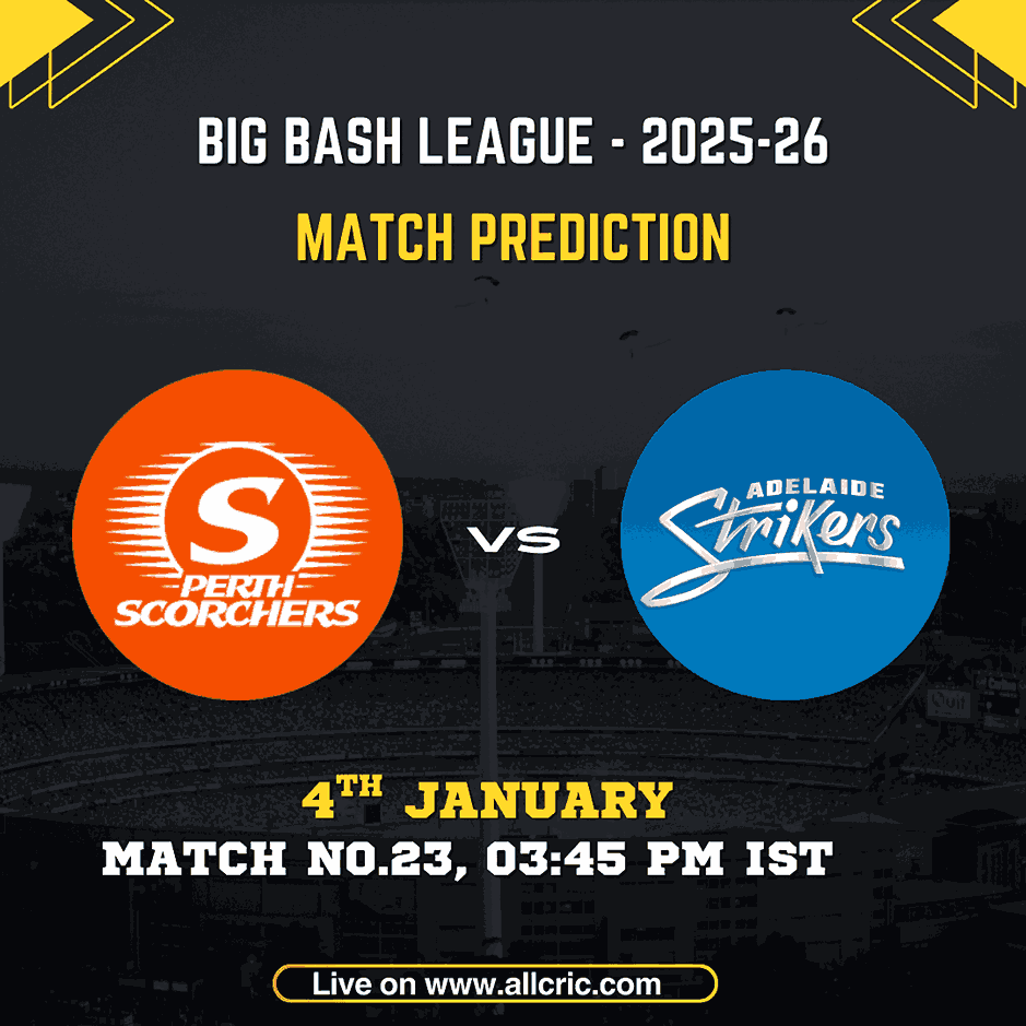 Perth Scorchers vs Adelaide Strikers match prediction graphic for BBL 2025–26 Match 23 at Optus Stadium, showing SCO vs STR prediction, match date 4 January, start time 3:45 PM IST, and SCO vs STR Dream11 prediction details.