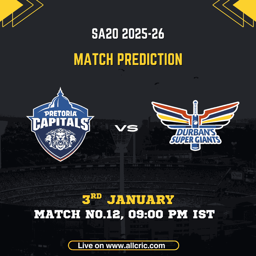 PC vs DSG match prediction for SA20 2025-26 Match 12 showing Pretoria Capitals vs Durban’s Super Giants logos, match date 3rd January, time 9:00 PM IST, and Dream11 fantasy preview at SuperSport Park, Centurion.