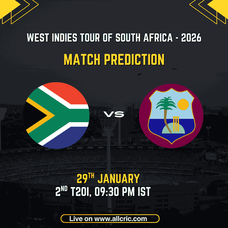 SA vs WI Dream11 prediction today match graphic showing South Africa vs West Indies for the 2nd T20I of the West Indies tour of South Africa 2026 at Centurion, featuring team logos, match date 29th January, and match prediction details.