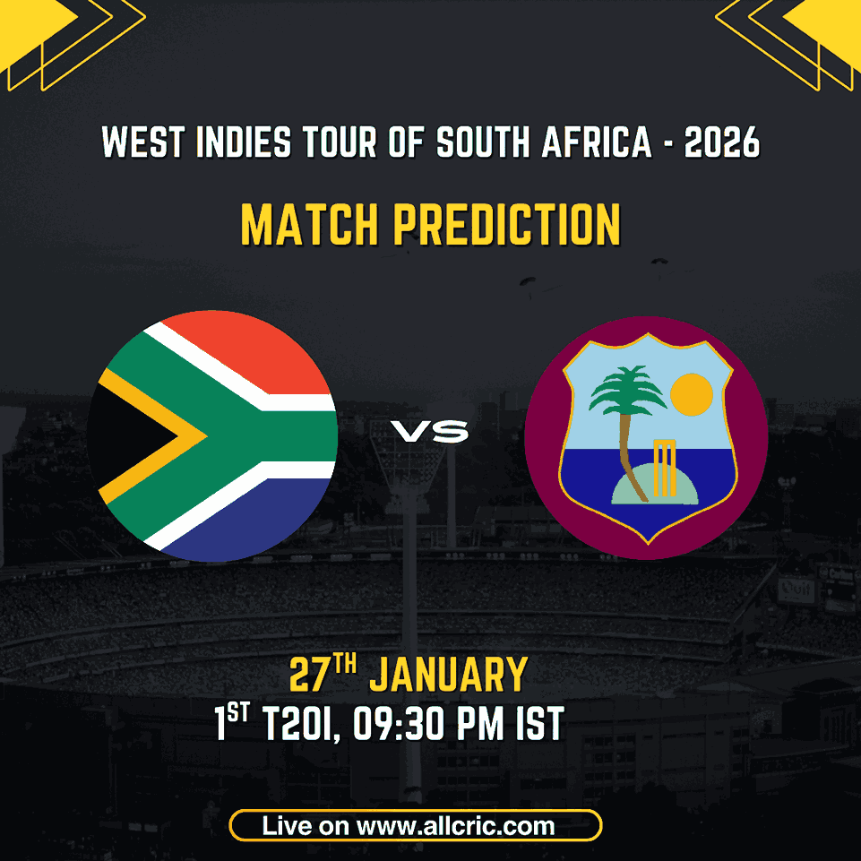 SA vs WI Dream11 prediction today match graphic for 1st T20I of West Indies tour of South Africa 2026, showing South Africa vs West Indies teams, match date 27 January, venue Boland Park Paarl, and today match prediction