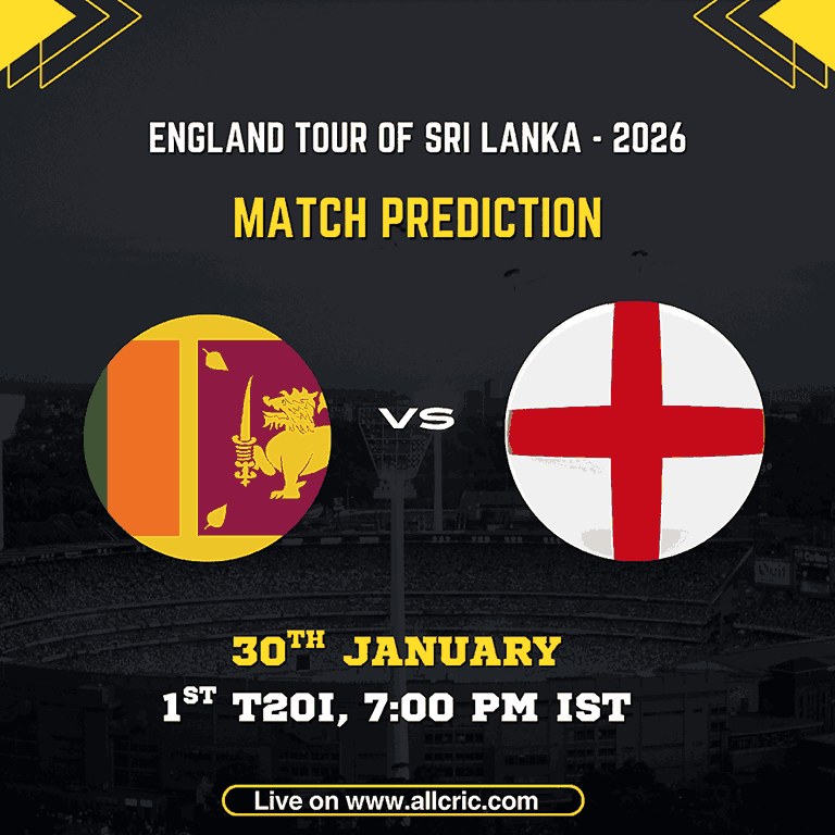Sri Lanka vs England 1st T20I match prediction graphic featuring national flags, match details for January 30th 2026 at 7:00 PM IST at Pallekele, with Dream11 team analysis and today's match prediction