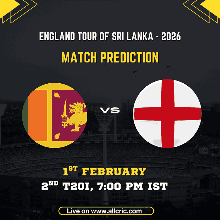 Sri Lanka vs England 2nd T20I match prediction graphic featuring national flags, match details for February 1st 2026 at 7:00 PM IST at Pallekele International Cricket Stadium, with Dream11 team analysis and today's match prediction