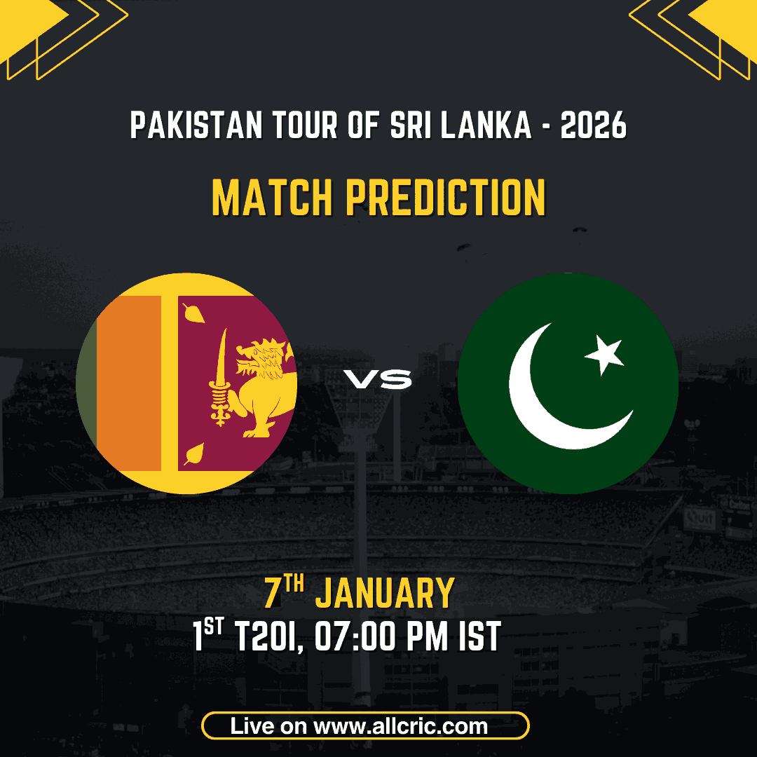SL vs PAK 1st T20I match prediction graphic showing Sri Lanka vs Pakistan for the Pakistan tour of Sri Lanka 2026, including SL vs PAK Dream11 prediction today match, toss update, venue details, and win prediction.