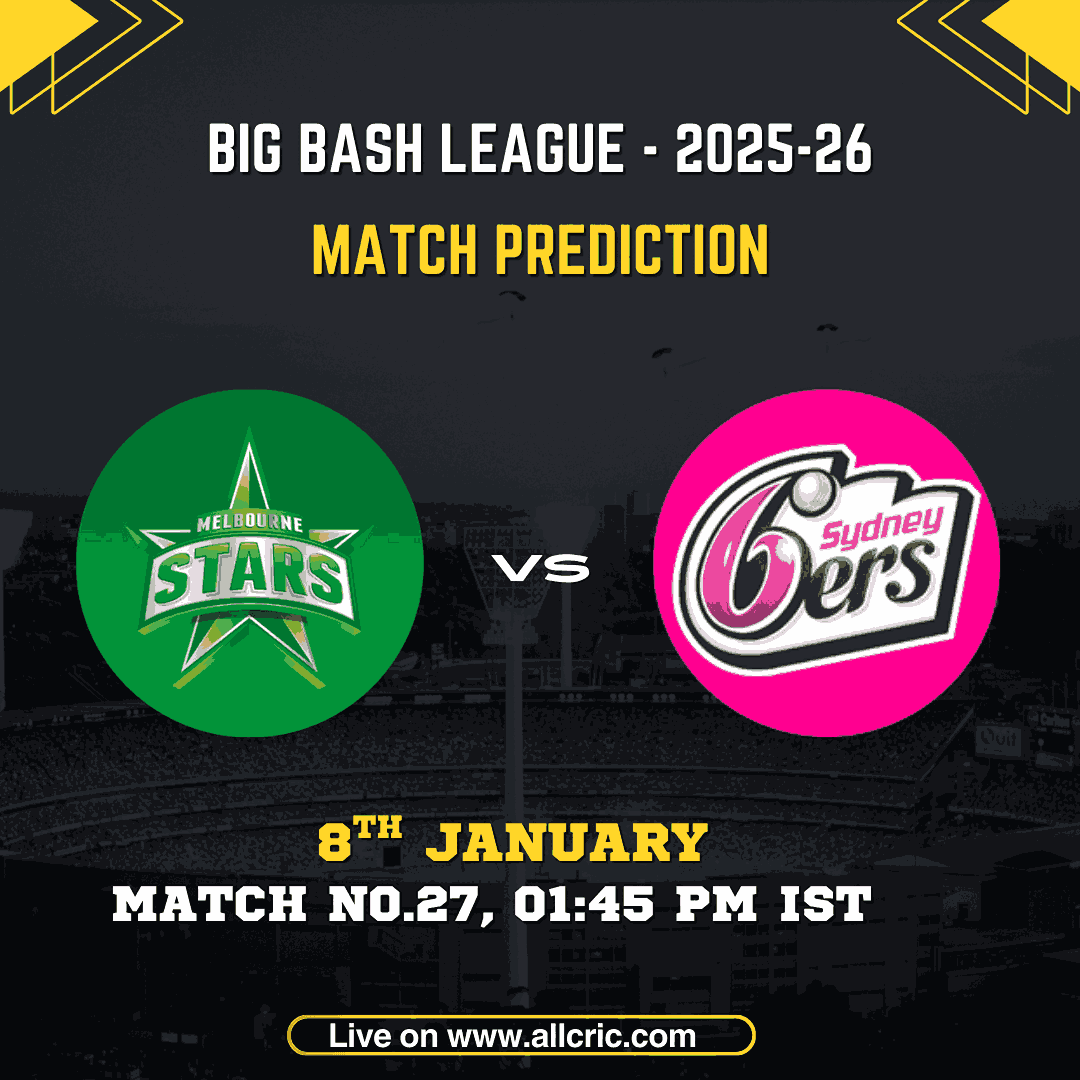 STA vs SIX match prediction graphic for Big Bash League 2025-26 Match 27 showing Melbourne Stars vs Sydney Sixers at the MCG, including STA vs SIX Dream11 prediction, match date, time, and today match preview.