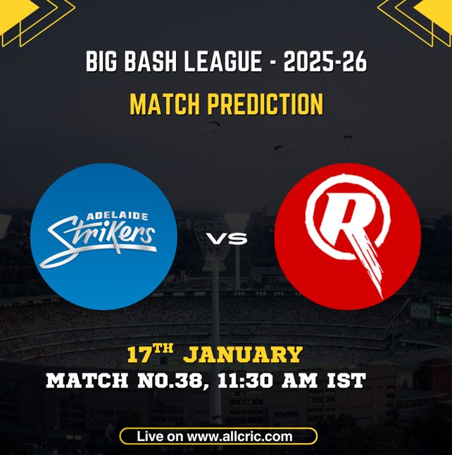 BBL 2025–26 Match 38 prediction graphic for Adelaide Strikers vs Melbourne Renegades with match date, time, and team logos.
