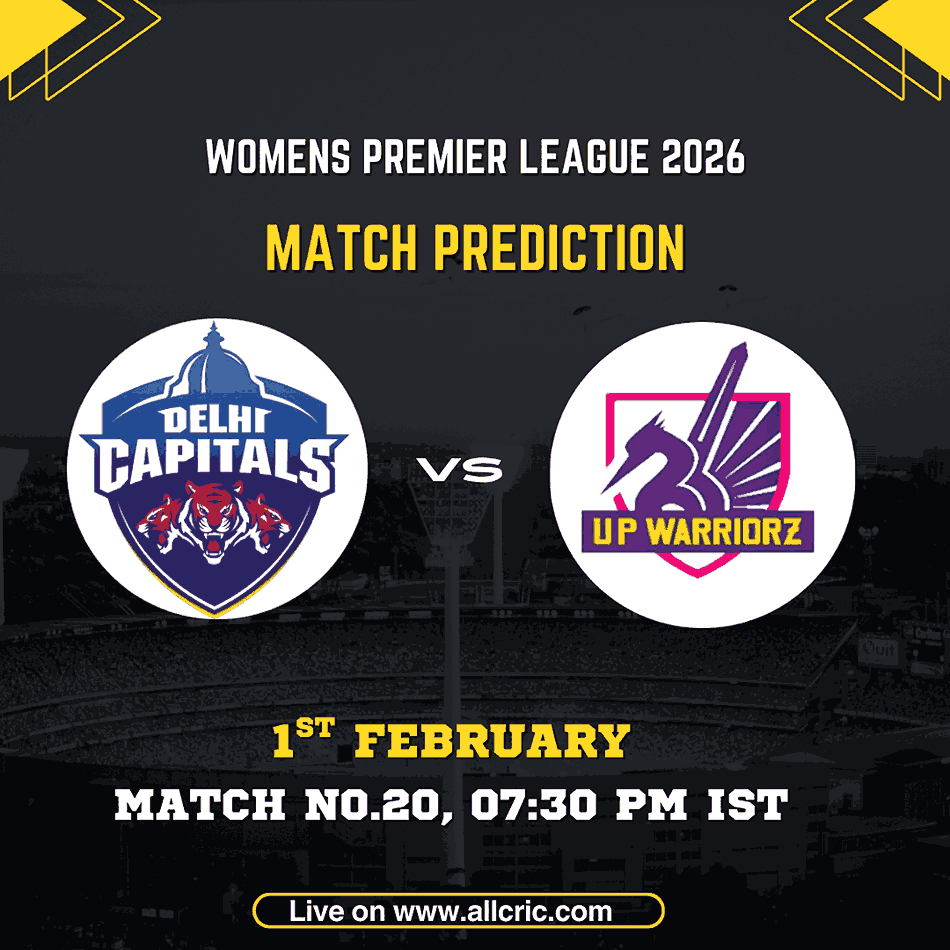 Delhi Capitals Women vs UP Warriorz Women WPL 2026 Match 20 prediction graphic featuring team logos, match details for February 1st 2026 at 7:30 PM IST at Kotambi Stadium Vadodara, with Dream11 team analysis and today's match prediction