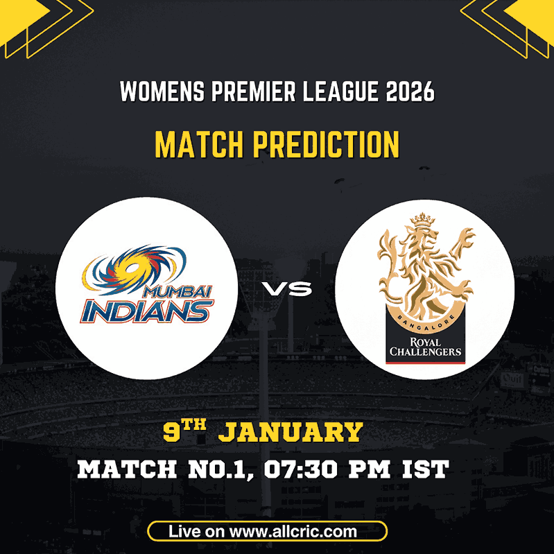 MI-W vs RCB-W match prediction graphic for WPL 2026 opener showing Mumbai Indians Women vs Royal Challengers Bangalore Women with MI-W vs RCB-W Dream11 prediction and fantasy tips.