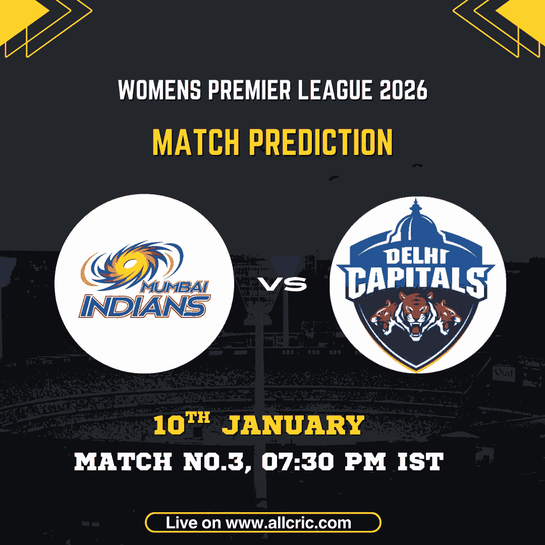 MI-W vs DC-W match prediction graphic for WPL 2026 Match 3 showing Mumbai Indians Women vs Delhi Capitals Women with MI-W vs DC-W Dream11 prediction and fantasy cricket tips.