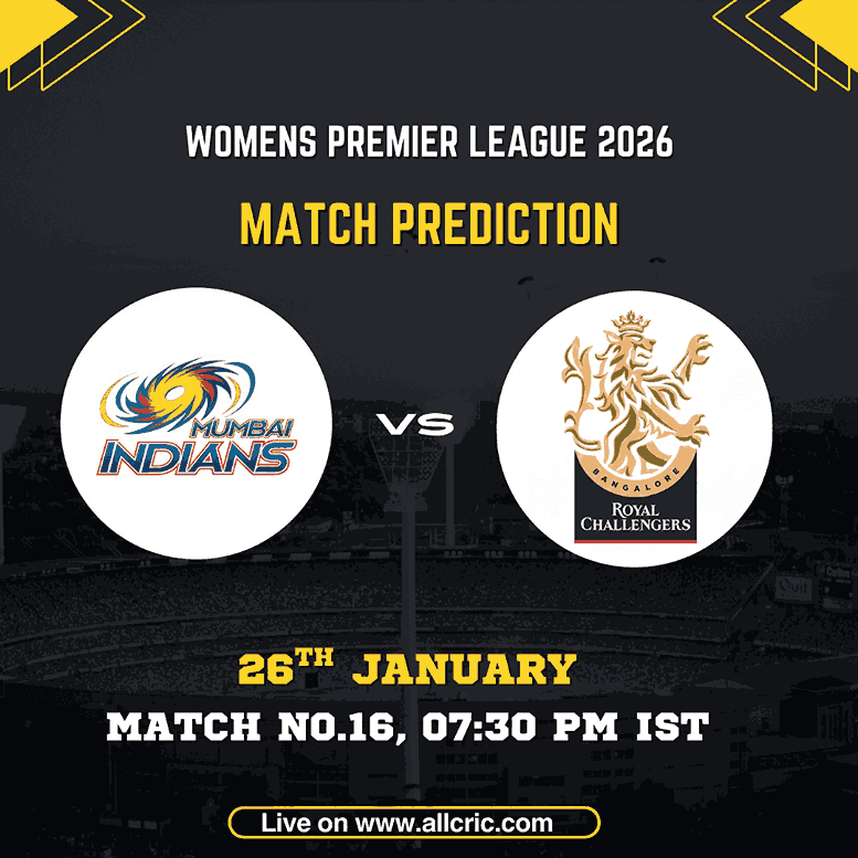 RCB W vs MI W Dream11 prediction today match for WPL 2026 Match 16, featuring Mumbai Indians Women vs Royal Challengers Bengaluru Women at Kotambi Stadium with match date, time, and team logos