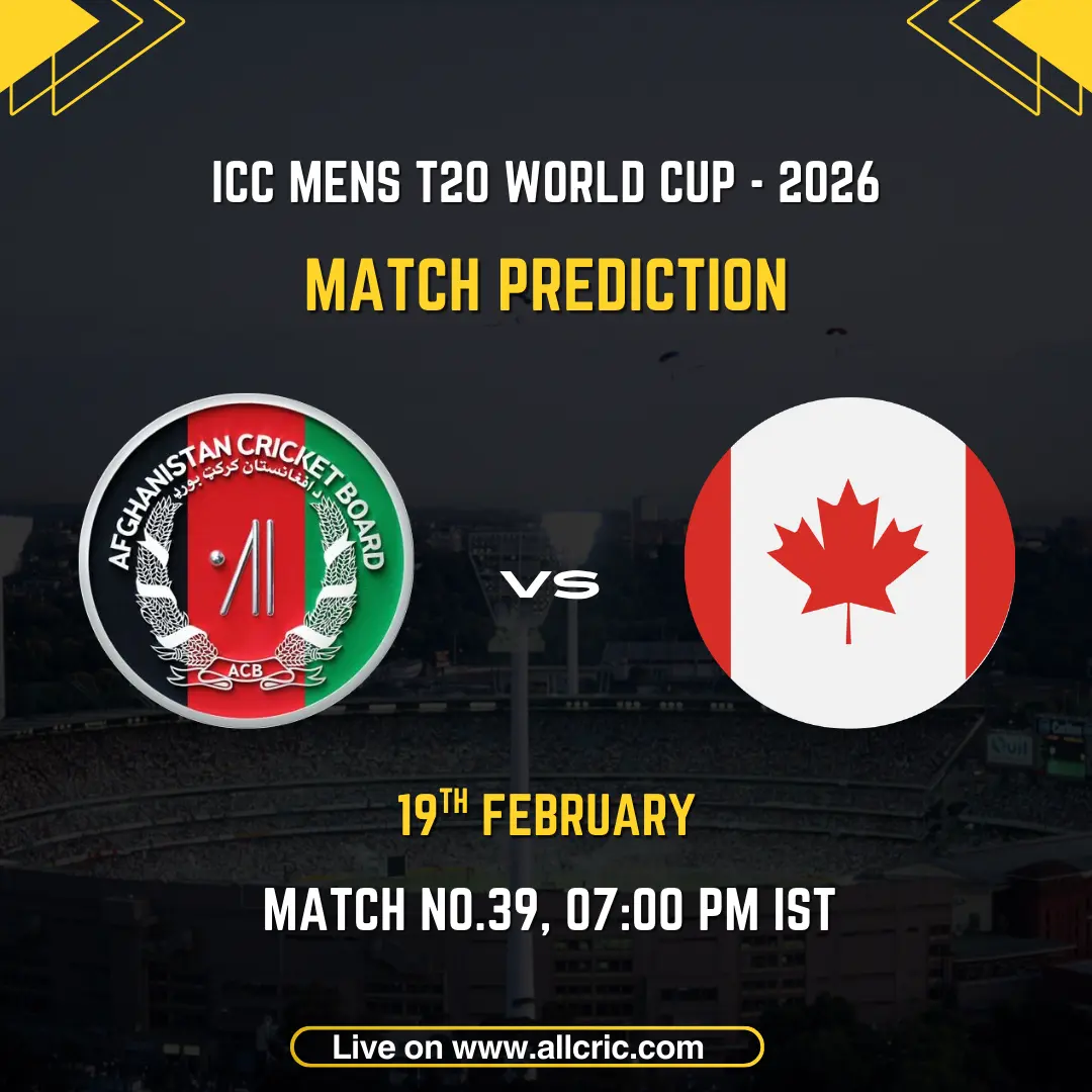 AFG vs CAN Today Match Prediction – Afghanistan vs Canada ICC Men's T20 World Cup 2026 Match No. 39 prediction graphic featuring Afghanistan Cricket Board logo and Canada national flag on a stadium background, scheduled on 19th February at 7:00 PM IST, live on allcric.com.