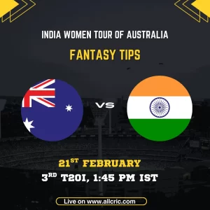 Australia Women vs India Women 3rd T20I fantasy tips graphic featuring national flags, match details for February 21st 2026 at 1:45 PM IST at Adelaide Oval, with Dream11 team suggestions and fantasy cricket tips for India Women tour of Australia series decider